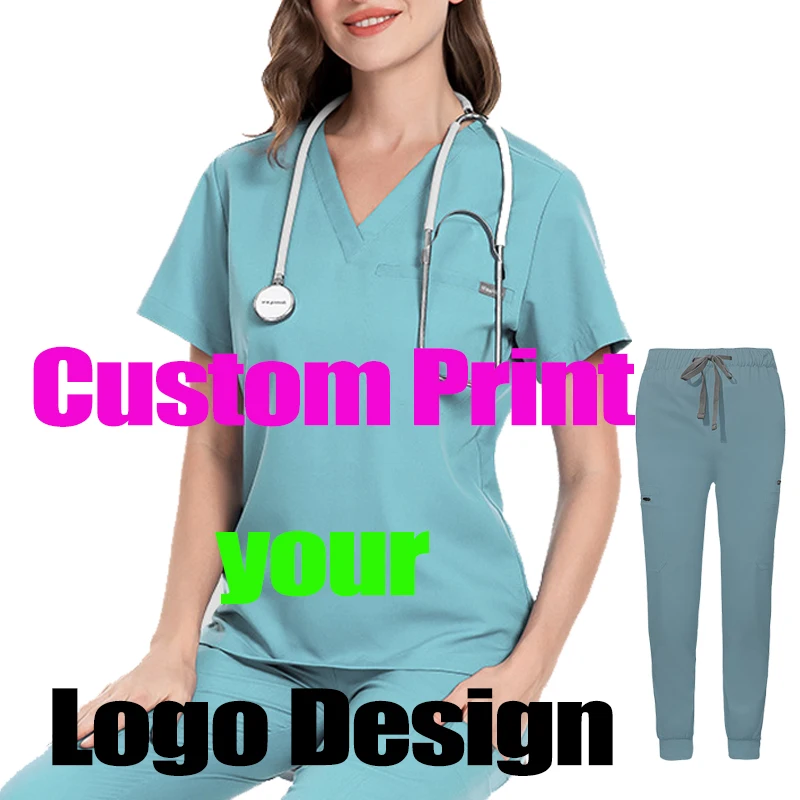 

Custom Print Uniform Beauty Salon Grooming Unisex Logo Pet Doctor Workwear Nurse Nursing Frosted Tops Pants Scrubs Medical Set