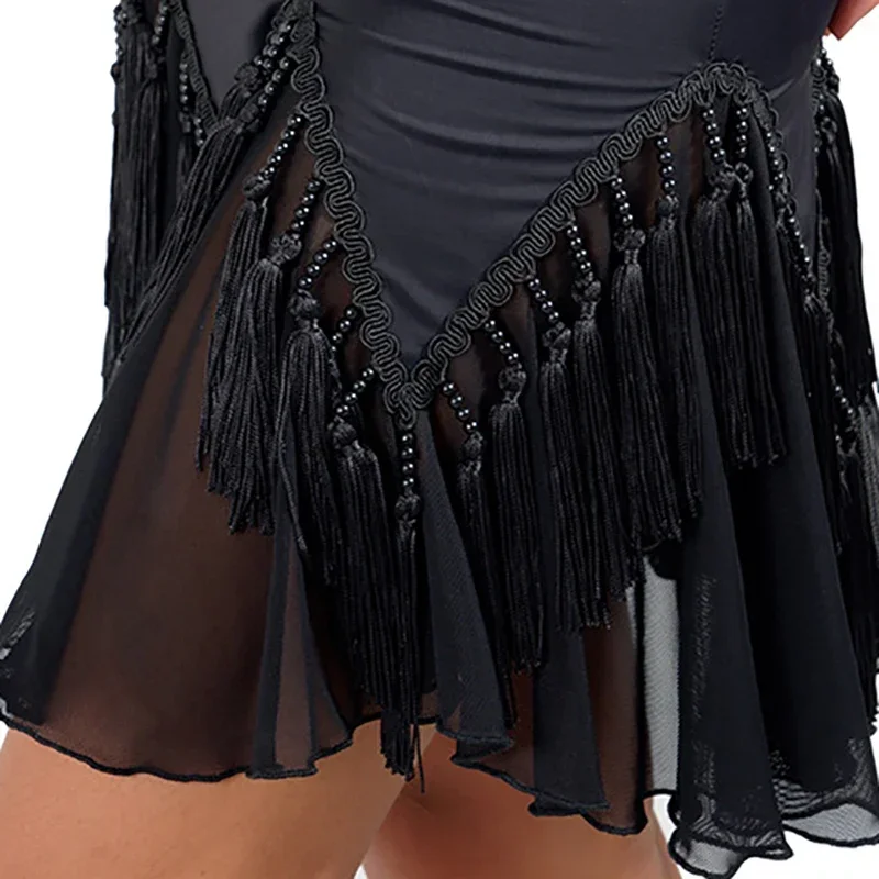 Latin Dance Dress for Women Mesh Beading Tassels Large Swing Skirt Short Ballroom Dancewear Adult Miniskirt Tango Mujer Costume