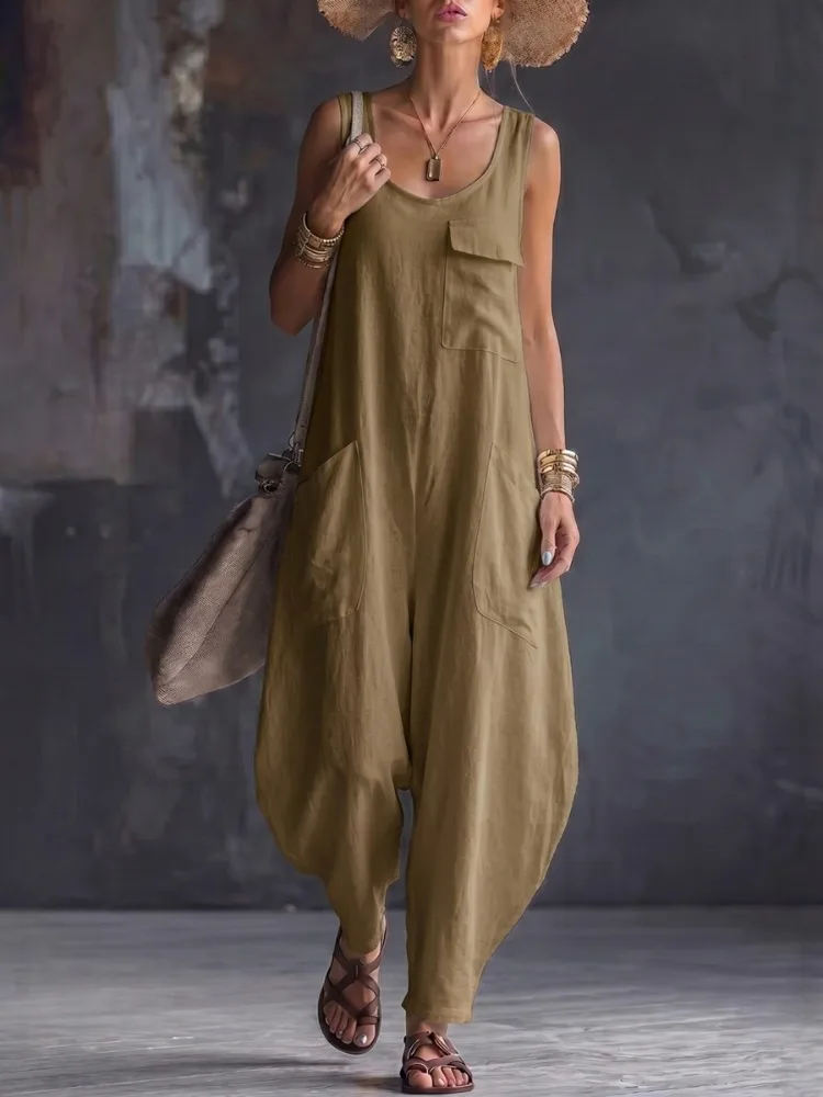 Lemongor Women Vintage Solid Color Square-Neck Jumpsuits 2026 New Loose Sleeveless Pockets Baggy Harem Vacation Casual Overalls