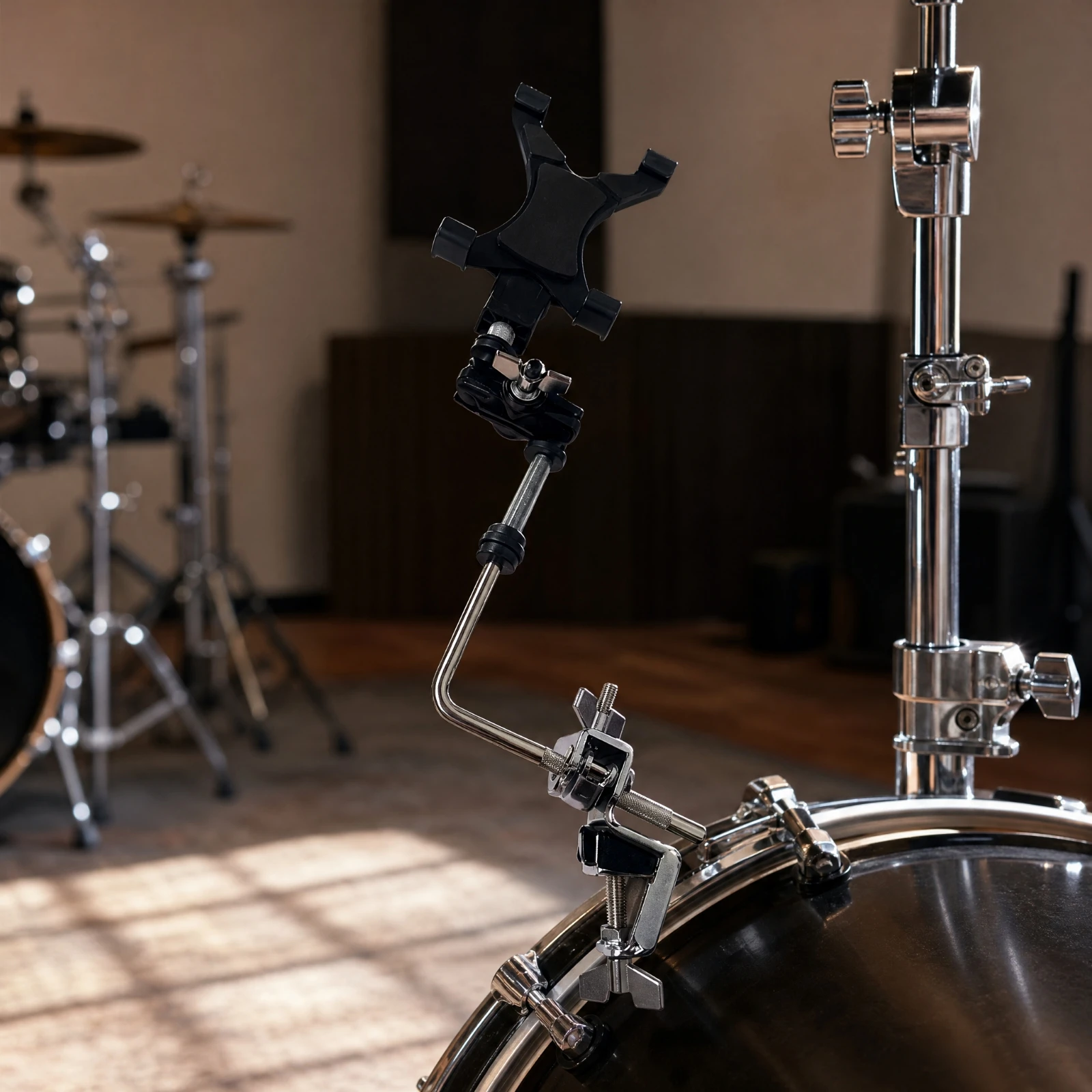 Drum Device Holder with Adjustable Arm Versatile Zinc Alloy Drum Tablet Mount Mobile Device Holder with Nonslip Padding