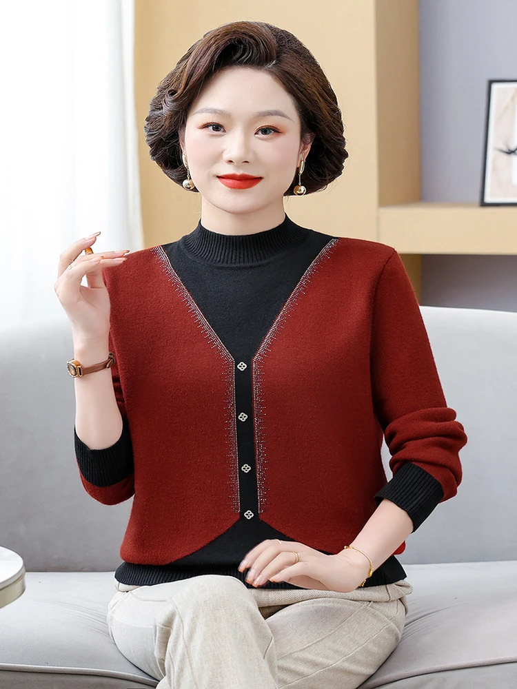 

Модный вязаный свитер Thiened Fce на подкладке с высоким воротником, теплый осенне-зимний топ для женщин среднего возраста и ly