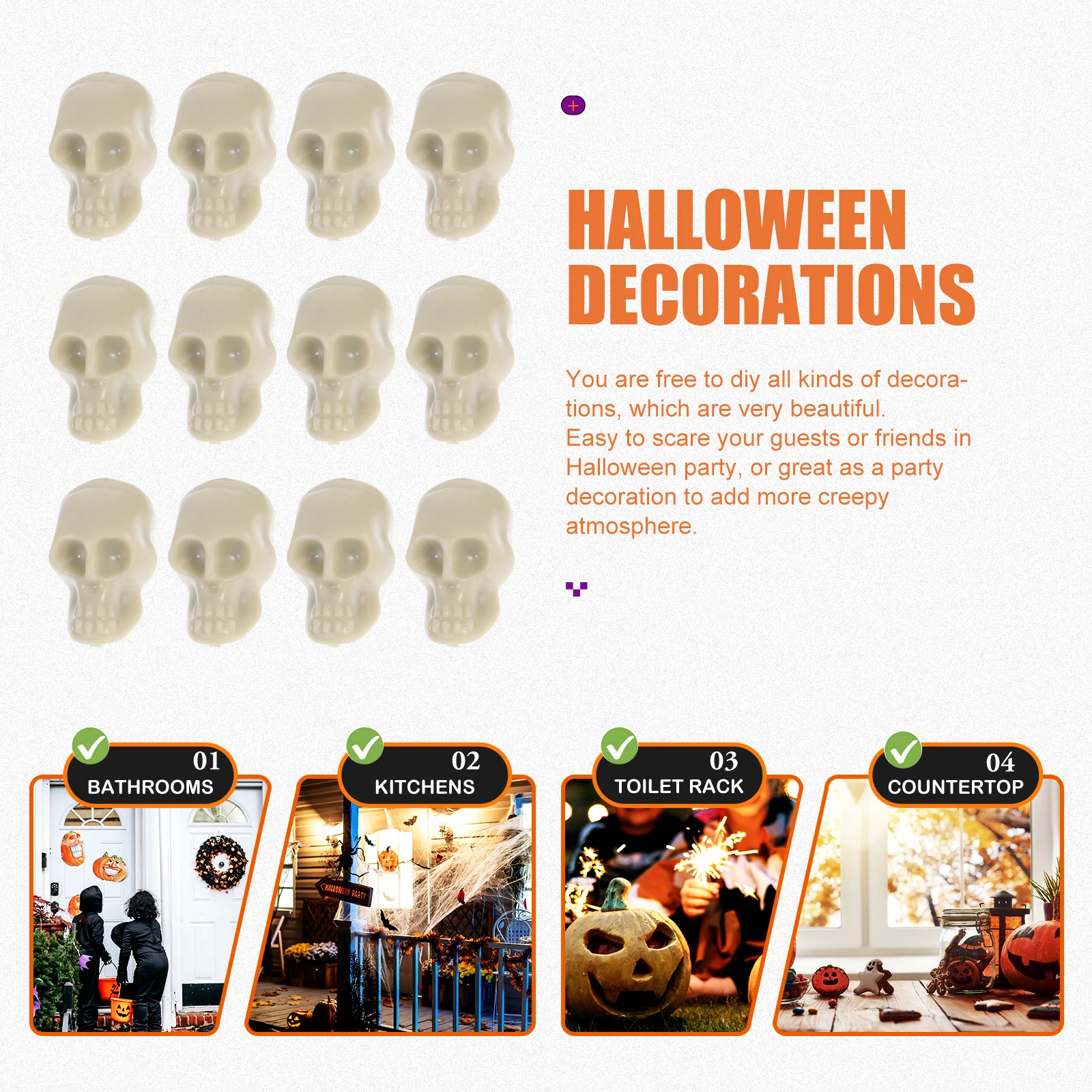 

50pcs Plastic Skull Heads Decoration Halloween Miniature Small skulls Charm for Party Home Office Cafe Hotel