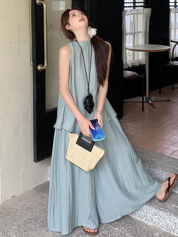 

Artistic Sle Svel round Ne Vest Set High Waist Wide Leg Pants Women's Faion Two-Piece Suit Summer Collection