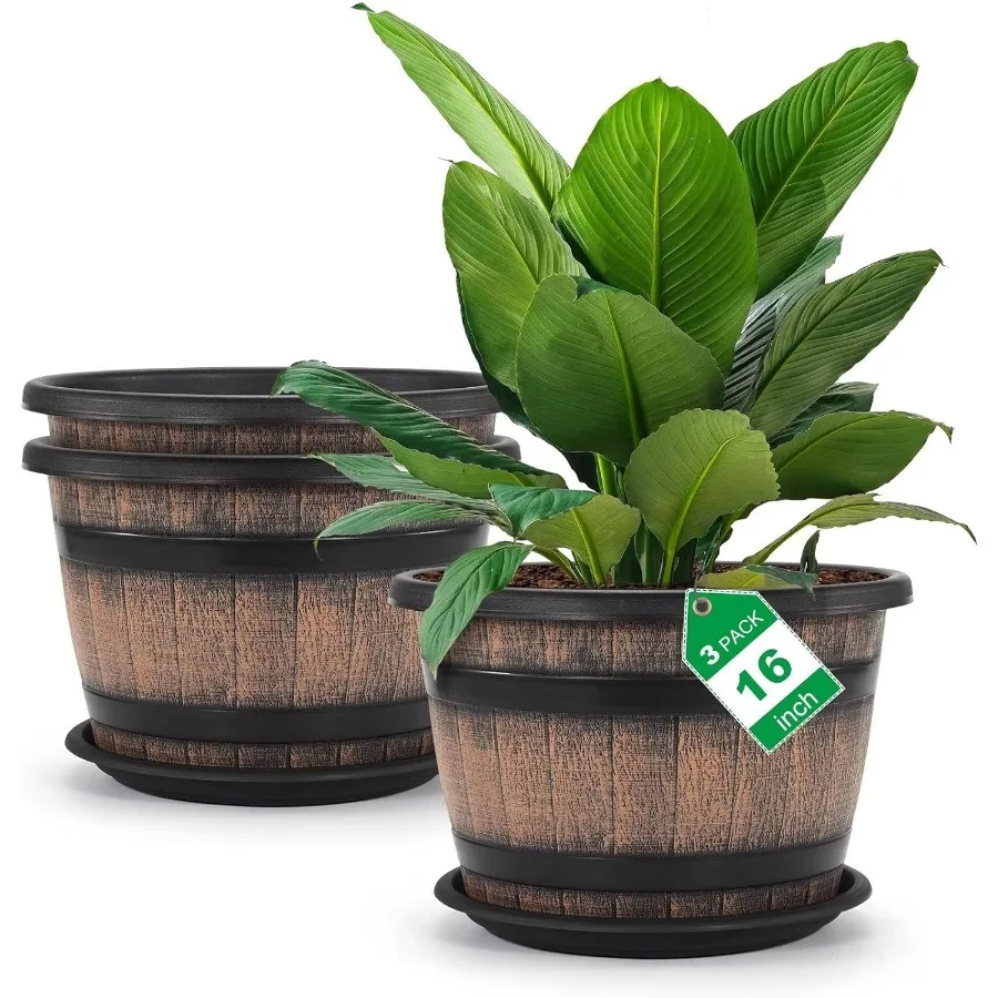

Large Plastic 3 Pack16 inch Plant PotsWhiskey Barrel Planters with Drainage Holes Saucer.Flower Pots Imitation Wine Barrel Desi