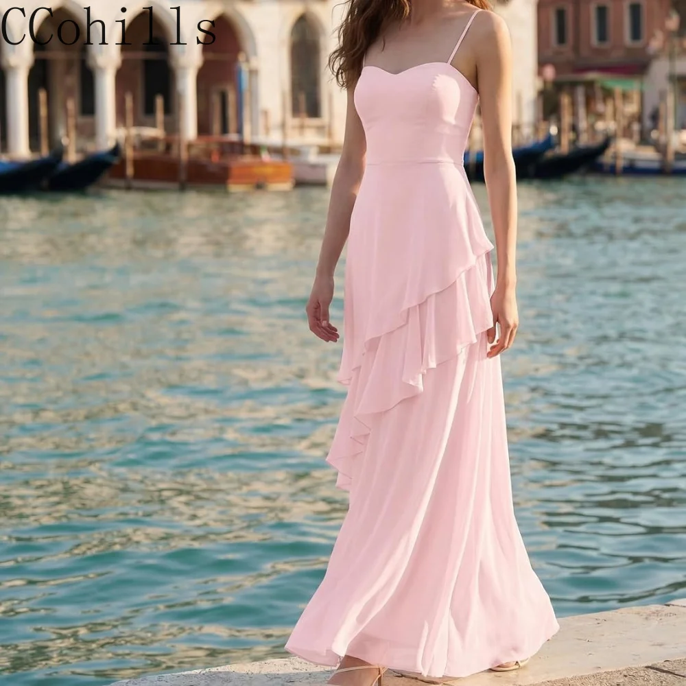 Chiffon Prom Dresses for Women Spaghetti Straps Tiered Ruffle Bridesmaid Dresses Formal Evening Gowns