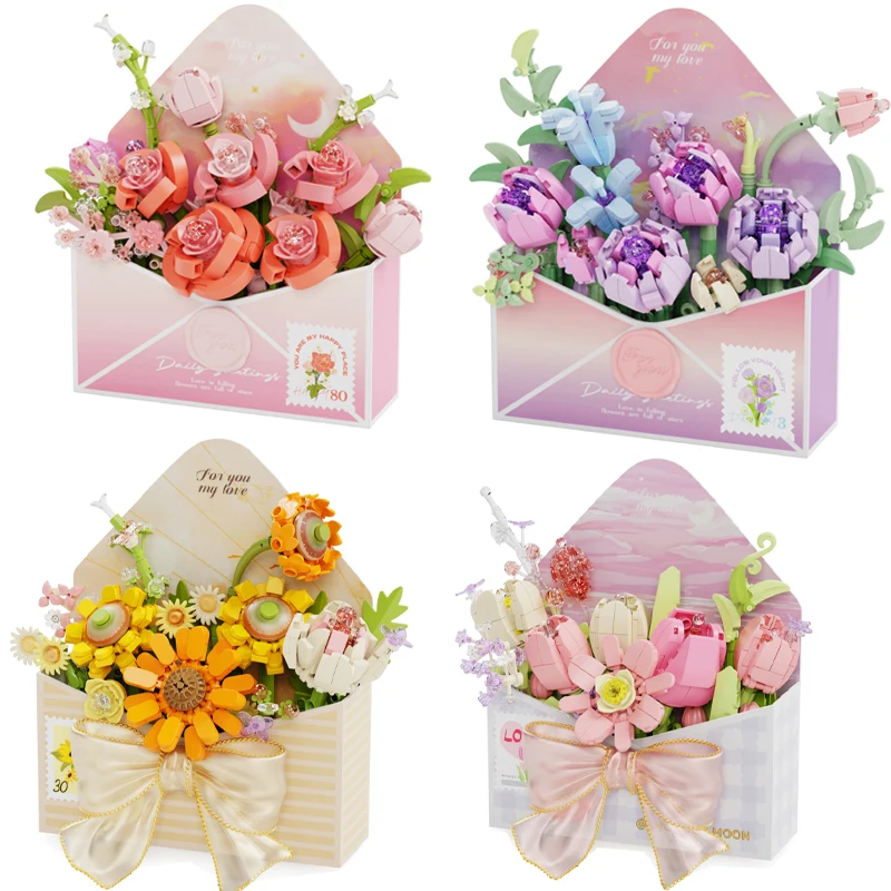 

Anime Kawaii Cartoon Flower Love Letter Building Block Flower Romantic Envelope Bouquet Assembled Toys Gift Female Peripherals