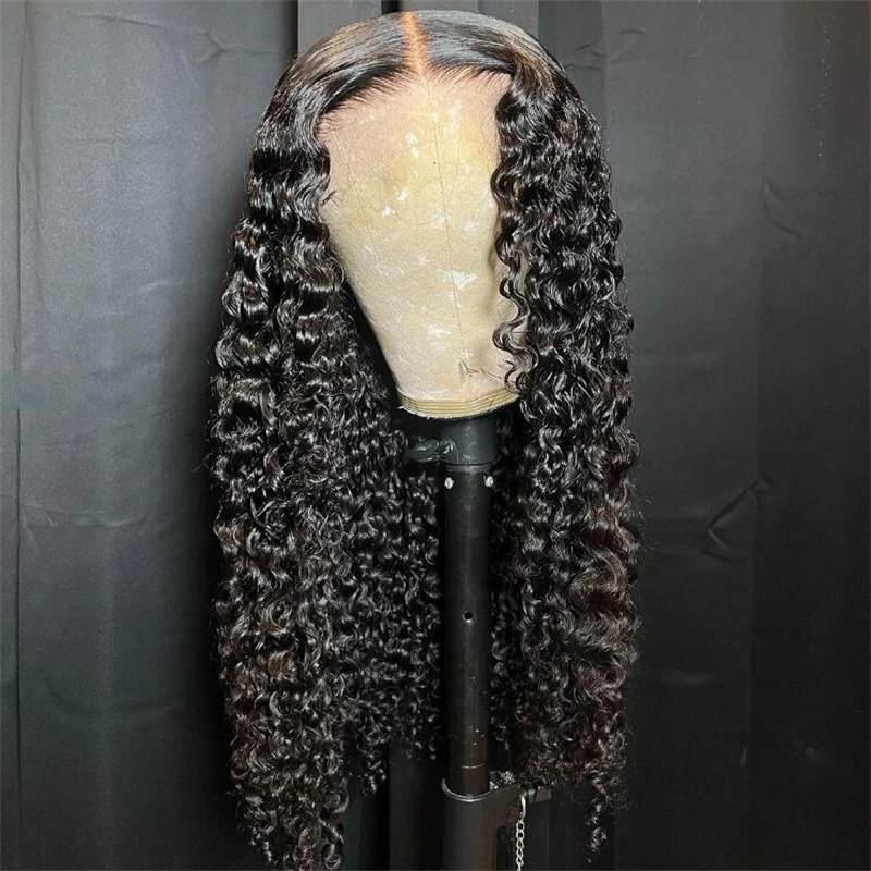 Soft 26inch Natural Black Glueless 180Density Long Kinky Curly Deep Lace Front Wig For Women With Baby Hair Preplucked Daily