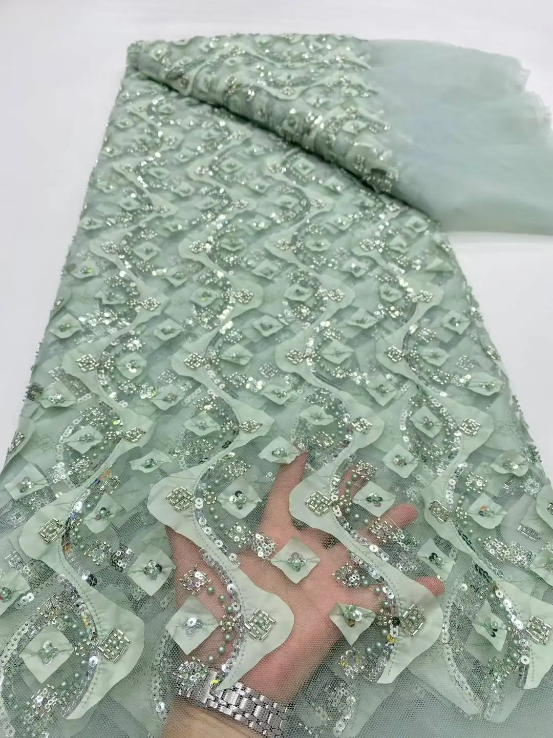 

5yards African Sequins Beads Lace Fabric 2025 Green High Quality French Mesh Tulle Embroidery Wedding Bridal Lace Material