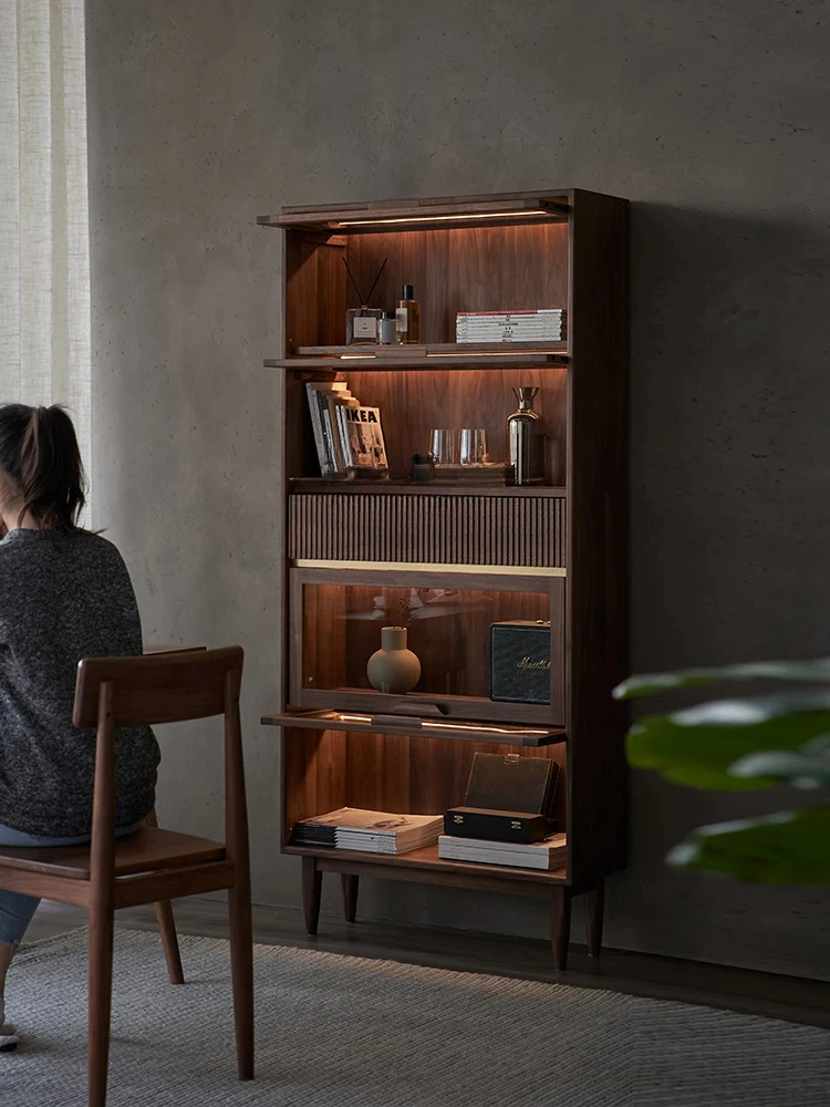 

Solid Wood Bookcase Black Walnut Storage Cabinet Dustproof Glass Wine Cabinet Flip-Door Bookshelf Display Cabinet Locker