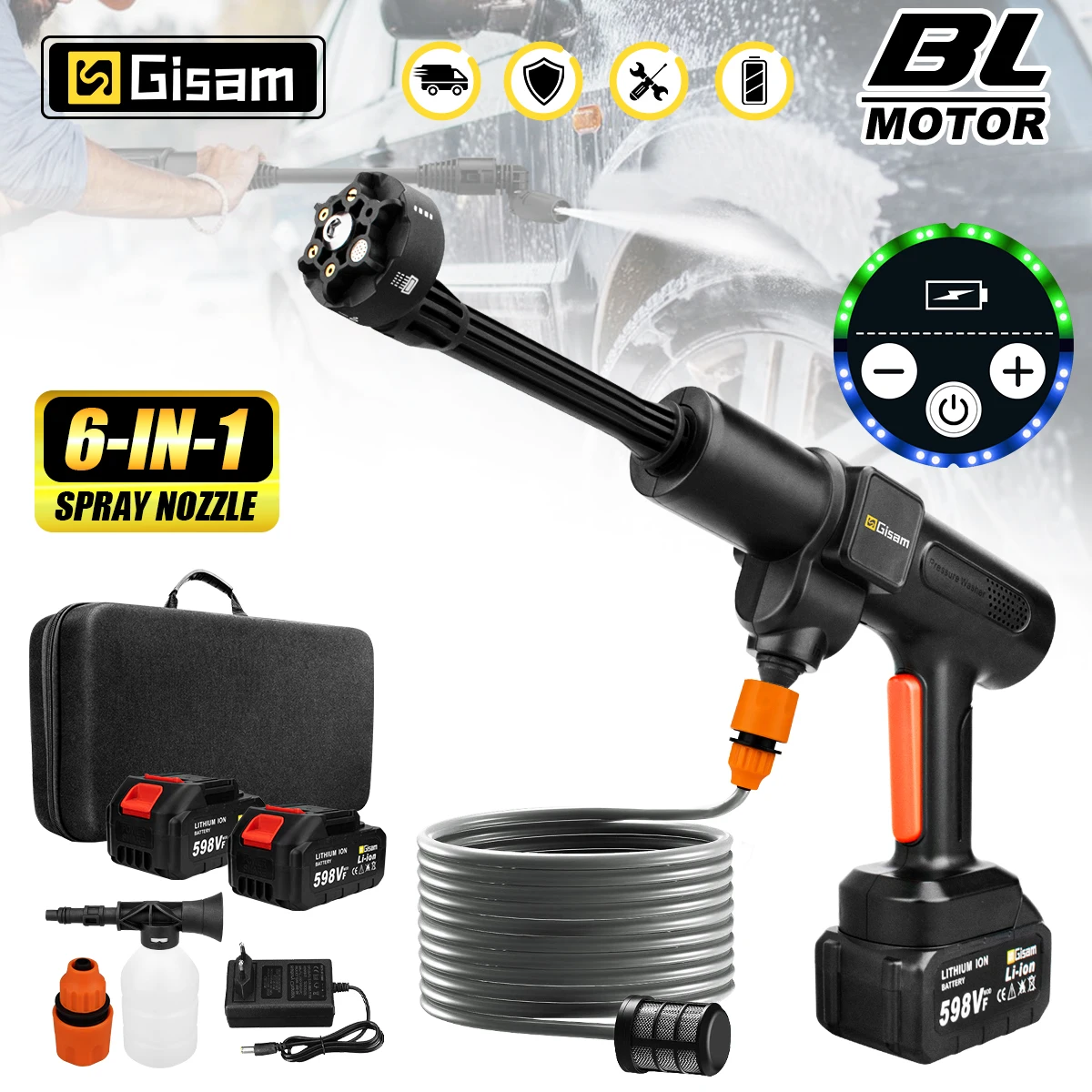 Gisam 200Bar Brushless Electric High Pressure Washer 6IN1 Car Wash Water Gun Garden Spray Gun Power Tool for Makita 18V Battery