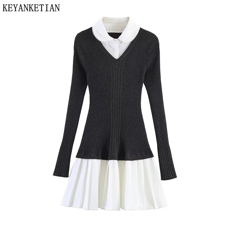 

KEYANKETIAN 2026 New Preppy Style Fake Two-Piece Knit Dress Women Lace Peter Pan Collar Long Sleeve Pleated Slim Fit Mini Dress