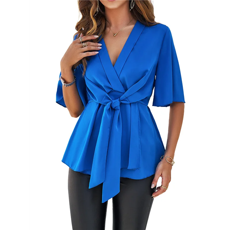 

A83F-Женские элегантные топы с баской и v-образным вырезом, рубашки с короткими рукавами-колокольчиками, топы, блузки