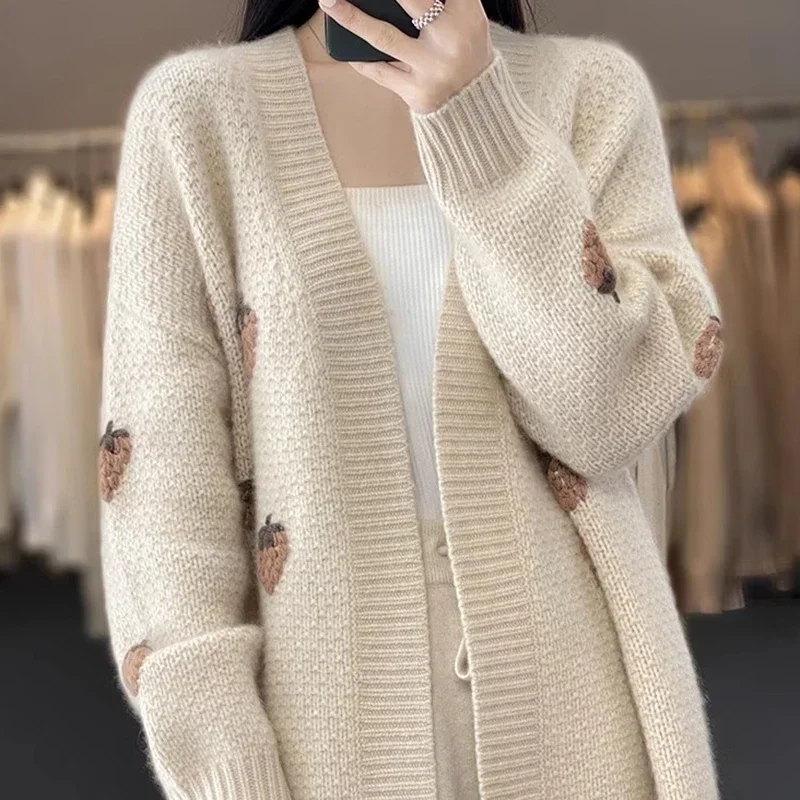 Girl Cardigan Cashmere Thicken V Neck Cardigan Coat Strawberry Printed Sweet Knit Jacket Casual Sweater Coat Women Autumn Winter