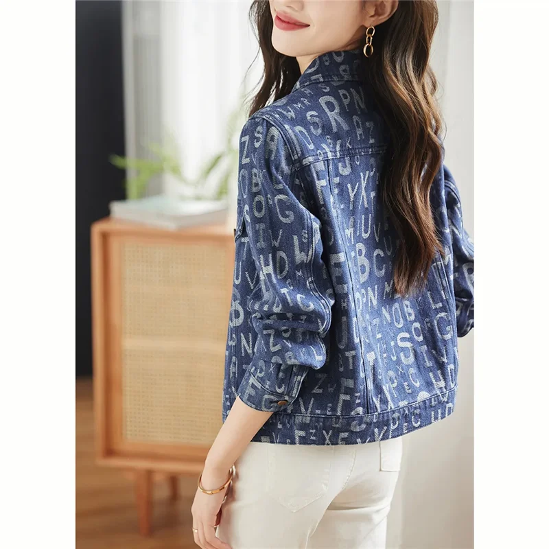 Spring Autumn Short Denim Jacket Women 2024 New Fashion Loose Leisure Coat Printing Single-Breasted Blue 3XL Overcoat Female