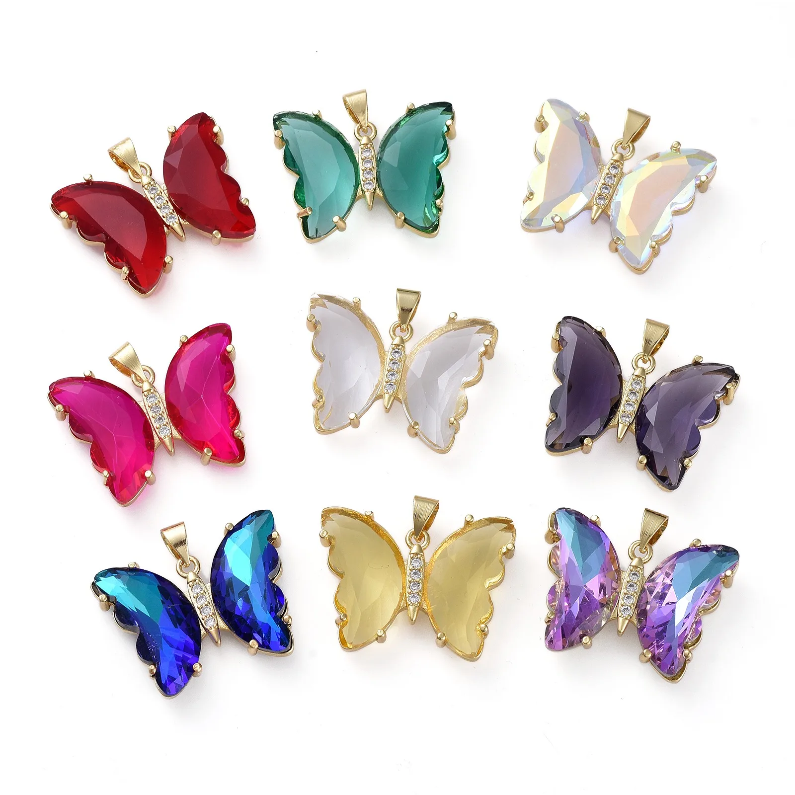 Pandahall 5pcs Mixed Color Butterfly Brass Glass Micro Pave Clear Cubic Zirconia Pendants With Snap on Bails For Jewelry Making