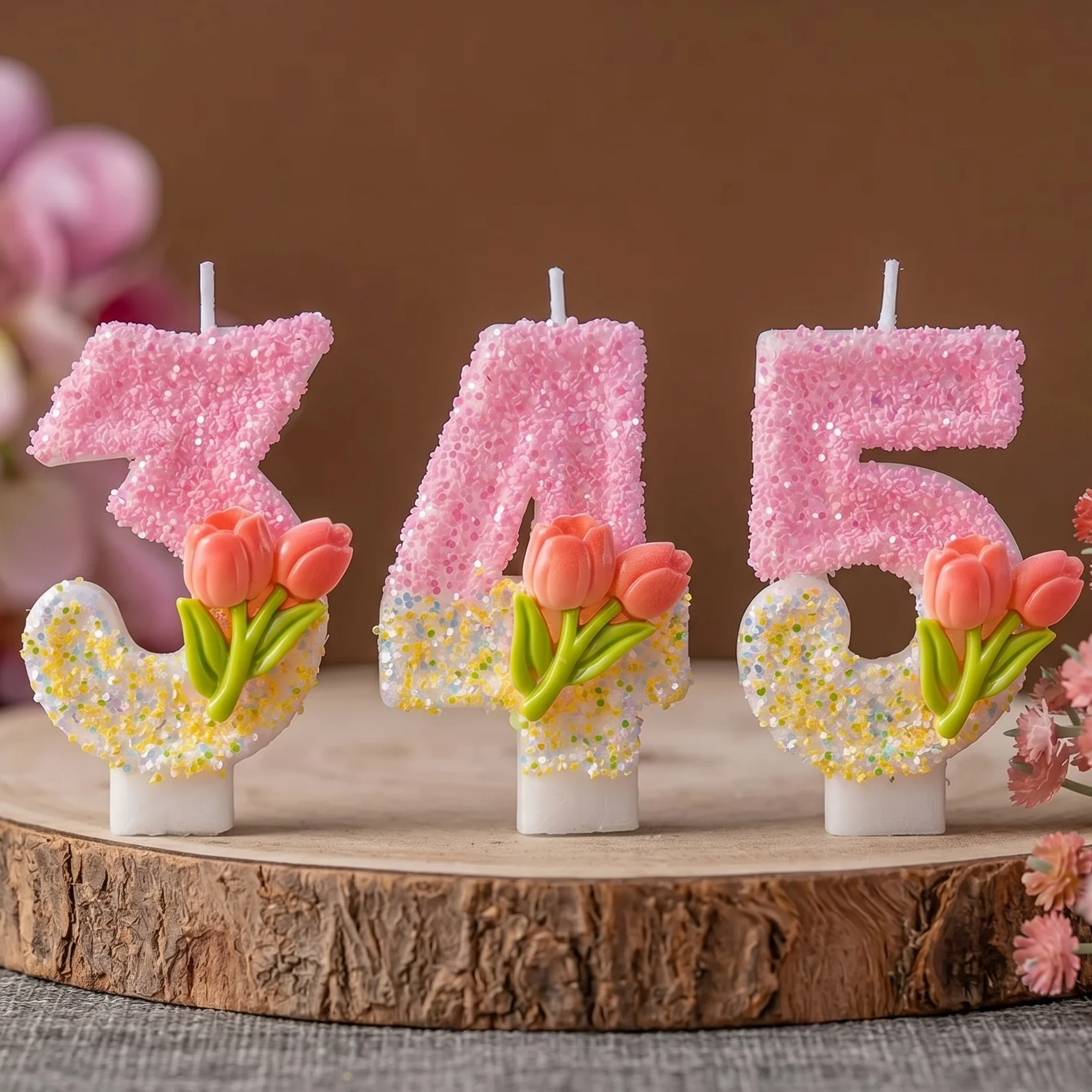 Tulip Flower 0-9 Digital Number DIY Handmade Birthday Candle, Cake Dessert Topper, Creative Candle
