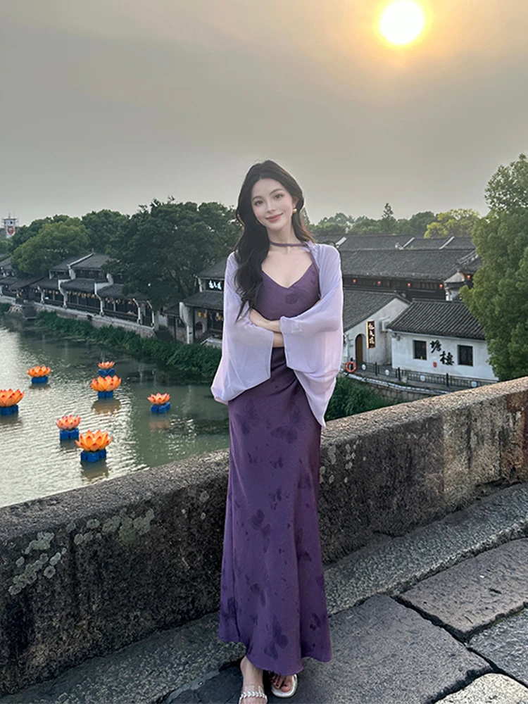 

2025 New Faion Versatile Chinese Sle Temperament Strap Dr Cardigan Breathable Air Conditioner Cover up Top Set