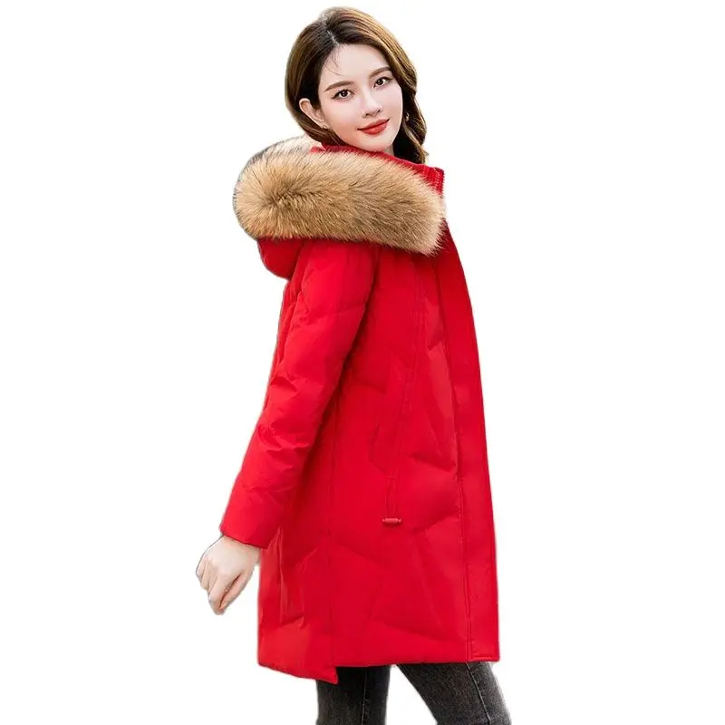 

Down Aotton-padded Femininity In The Long 2023 New Korean Slim Fashion Warm Big Fur Collar Detachable Loose Coat Womens.