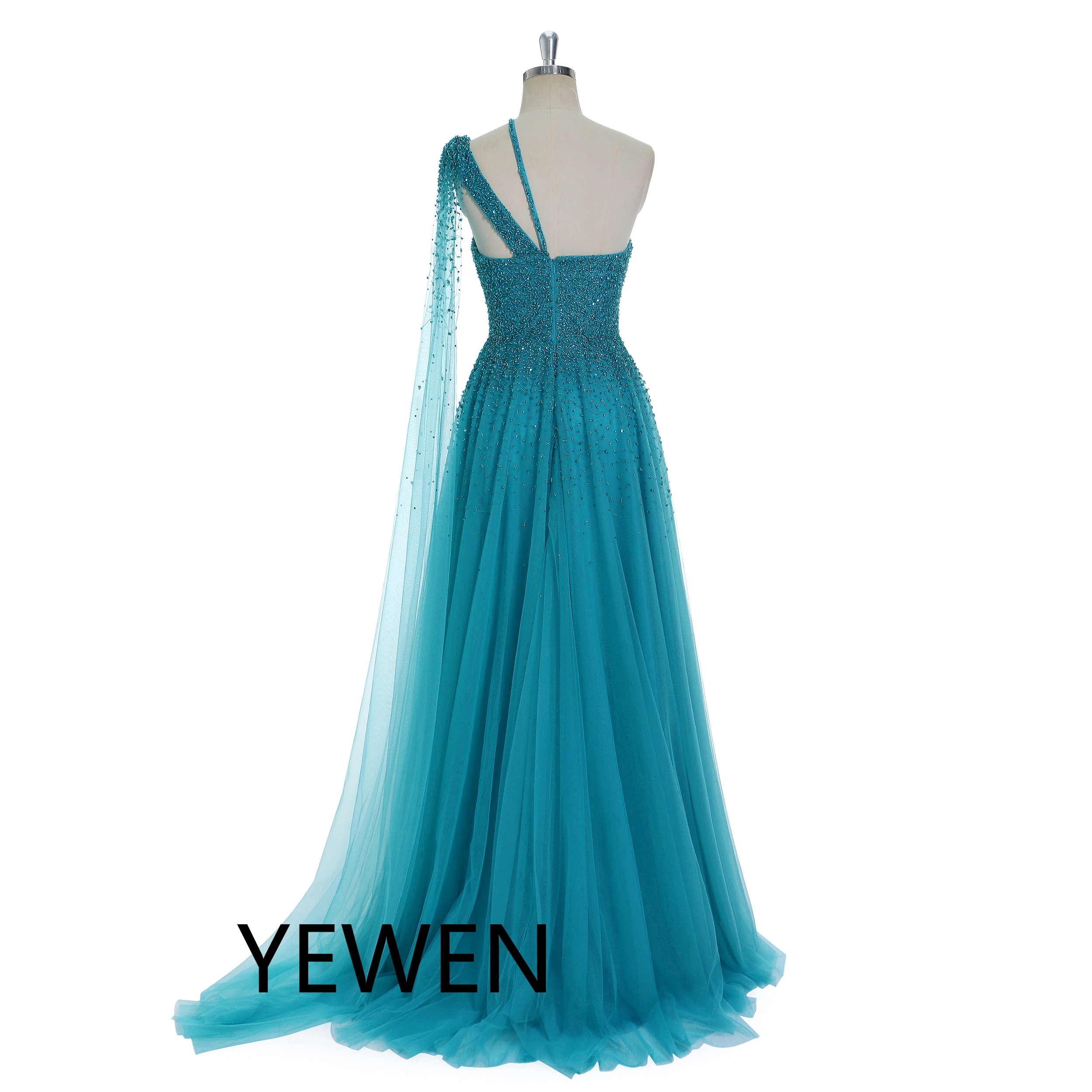 A Line Asymmetrical Neckline Sweep Train Peacock Blue Evening Dresses Special Occasions Gown YEWEN YE2533