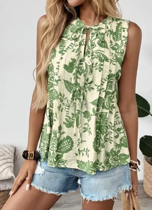 2025 Summer Women's Sleeveless Shirt Vest Tank Top Female Womens Clothing New Style Sexy Elegant Top Printed Crimson Lace Up