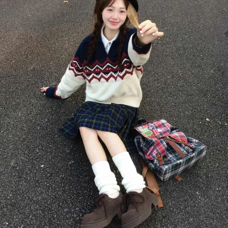 Deeptown Vintage Sweater Women Preppy Style Kawaii Knit Pullovers Japanese Style Patchwork Autumn Winter Retro Casual Sweaters