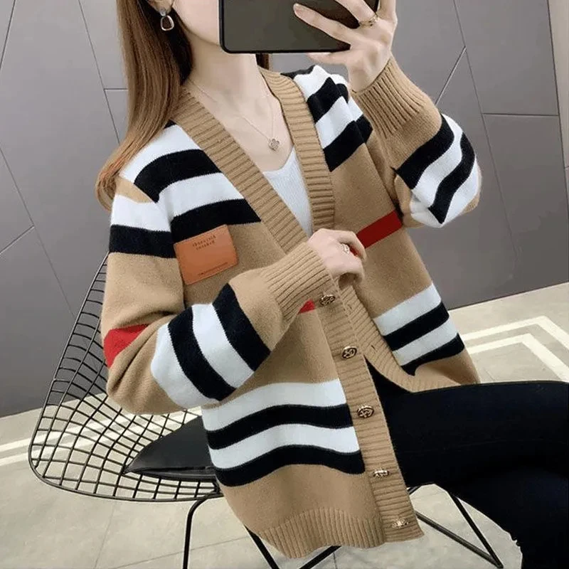 

Striped Cardigan Woman Autumn Winter Sweater V-Neck Loose Coat