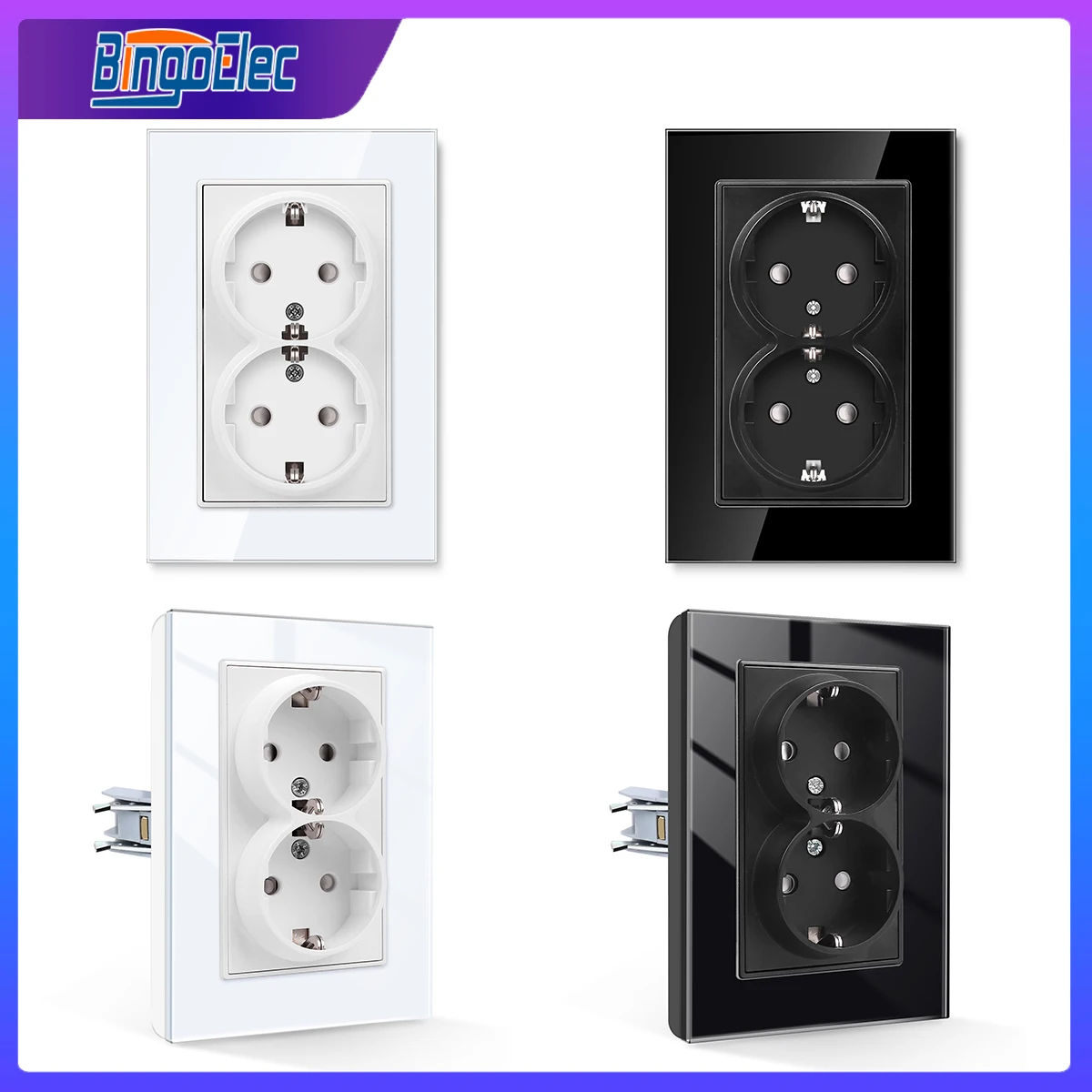 Bingoelec 118mm Type EU Standard Double Sockets Europe Dual Power Outlets Glass Panel White Black Electrical Plug for Home