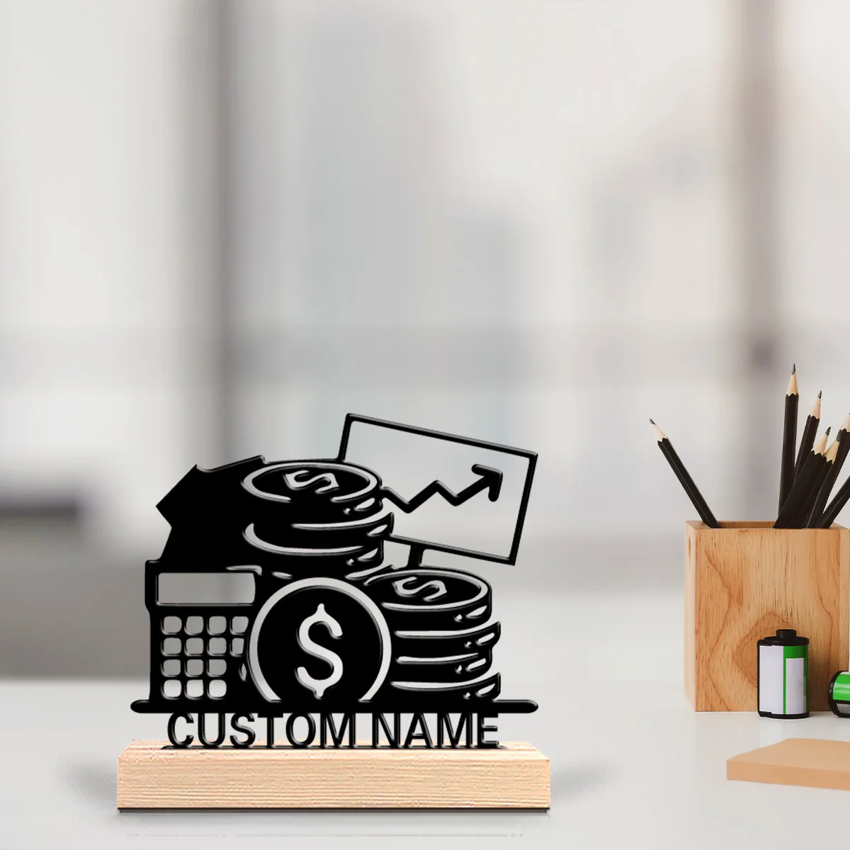 1 pièce Statue métallique personnalisée et originale pour professionnel financier, style rustique, décoration de bureau avec base en bois, Harvested Pum