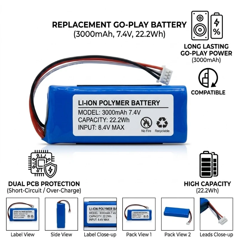 

3000mAh 7.4v Suitable for JBL for Harman Kardon GoPlay Wireless Bluetooth Speaker Battery Large Capacity Rechargeable Battery