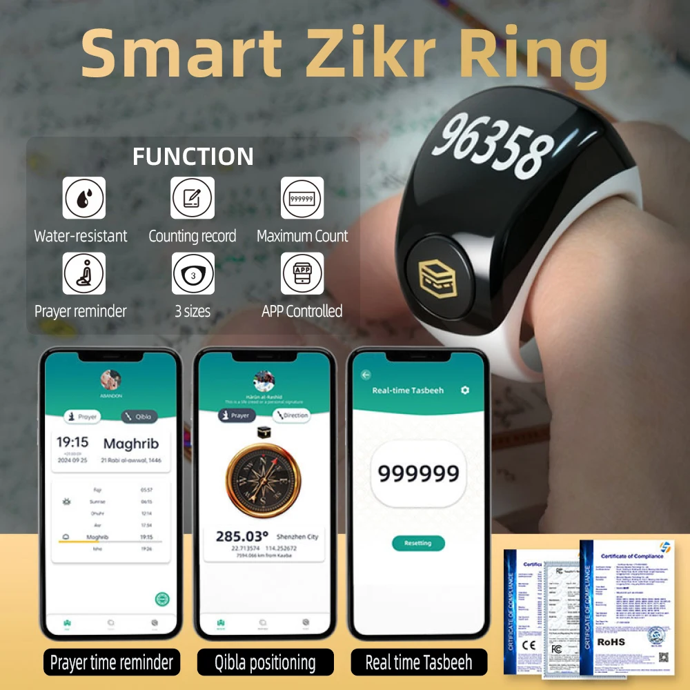 

QB809 2025 for New Arrival Tasbeeh Counter Type-C APP Control Waterproof Smart Ring Islam Gift Azan Prayer Zikr