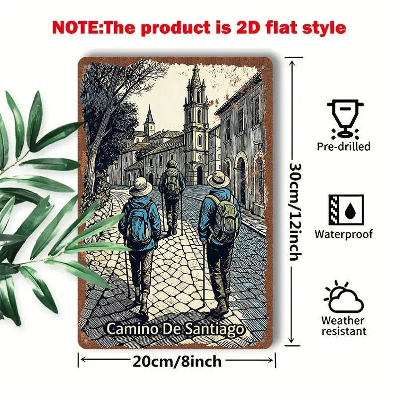 2D Flat - 1pc 2D[Flat] Metal Sign 'Retro Style Camino De Santiago Tin Painting, Depicting Three Hikers Walking on a Slate Road,