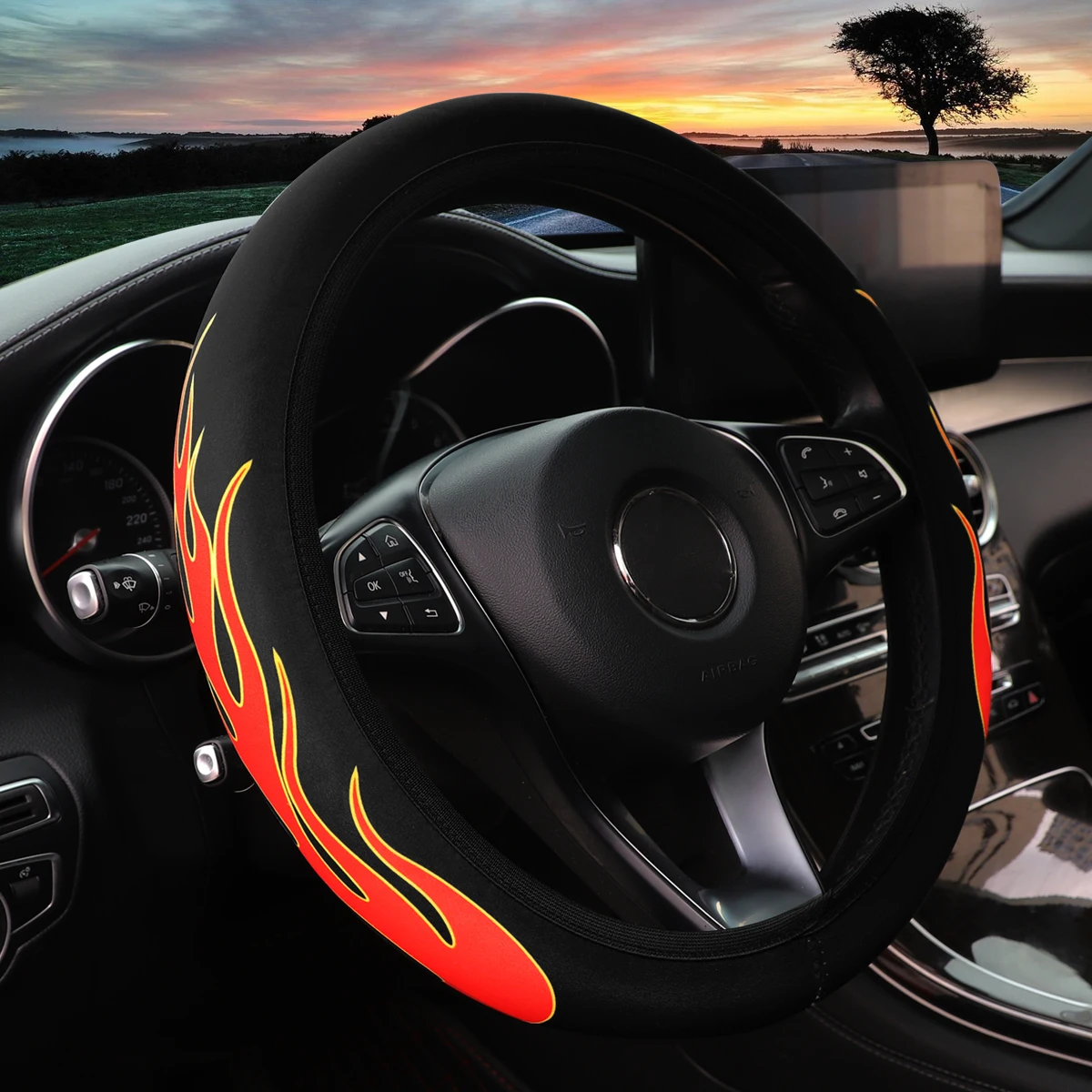 1 Flammenstoff, wasserdicht, rutschfest, für Automobilzubehör, Lenkradabdeckung ohne Innenring, passend für 14,5–15 Zoll – Detail 3
