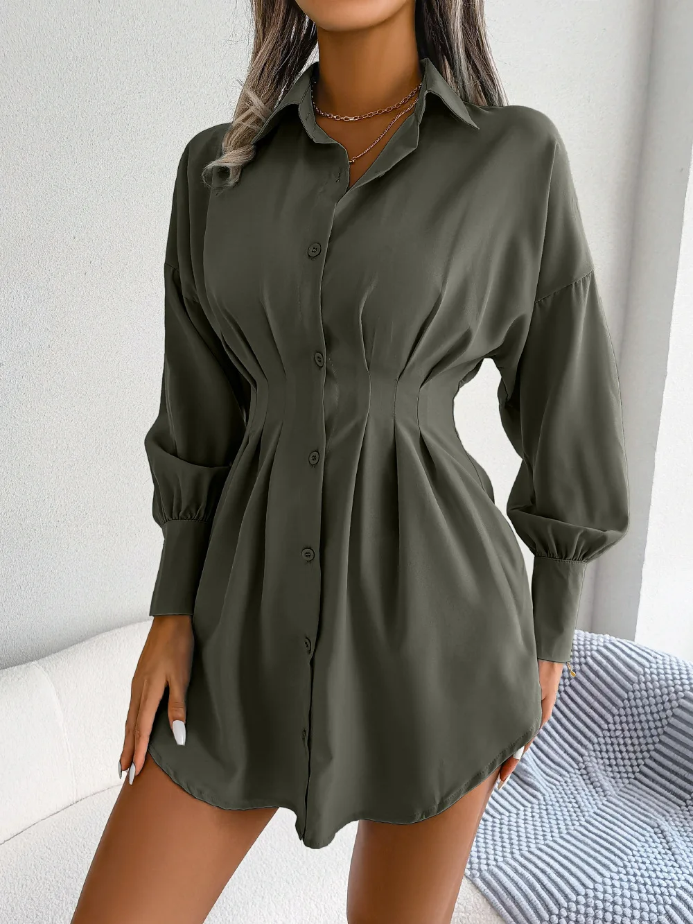 

Women Casual Buttons Long Sleeve Shirt Dress Autumn 2025 Loose Fit in Green for Daily Work Weekend Outings