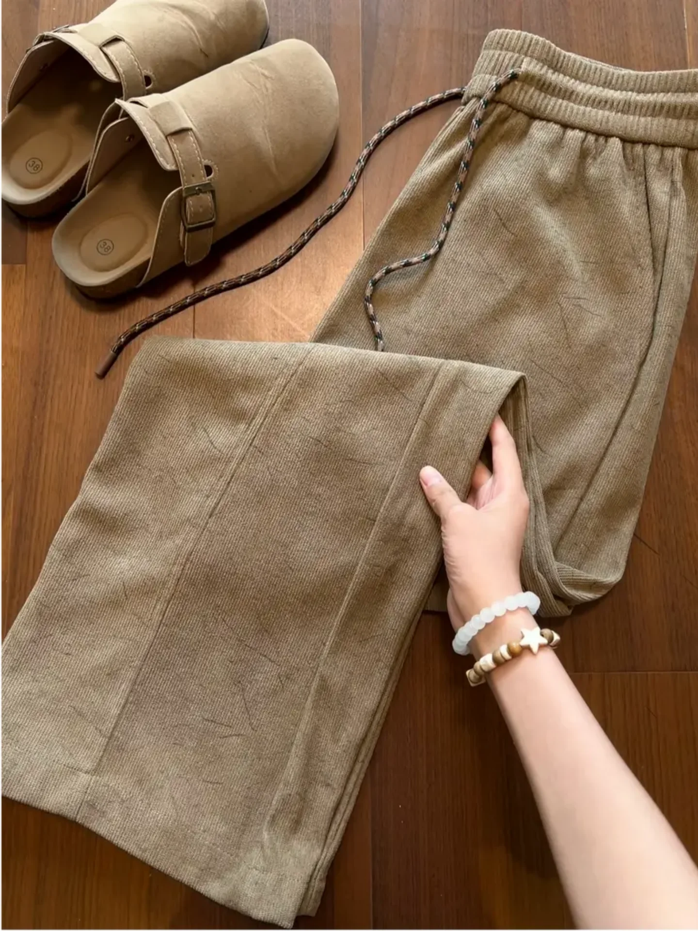Vintage Corduroy Casual Pants Men's Slanted Cut Straight Leg Loose Dark Pattern Embroidery Casual Pants mid Waist Rope Door