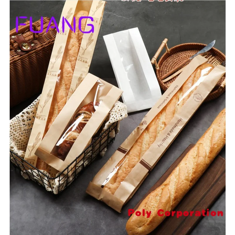 Custom  Baguette Loaf Bag Food Fresh Packaging Kraft Paper Bread Bags 50 with Clear Window and Seal stickers