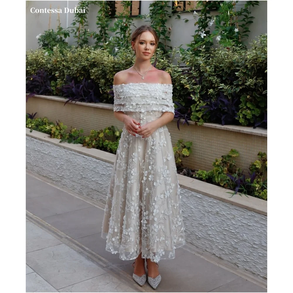 

Contessa Dubai Silver Gray Appliques Floral Prom Dresses Off Shoulder Customized جديد في الفساتين A-line Evening Dress 2025