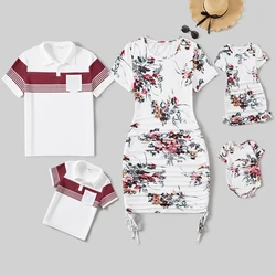 PatPat Family Matching All Over Floral Print Short-sleeve Drawstring Ruched Bodycon Dresses and Colorblock Short-sleeve Sets