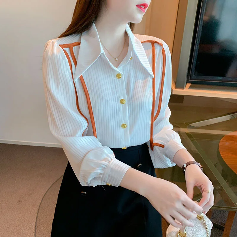 

Elegant Lapel Spliced Button All-match Shirt Female Clothing 2023 Autumn Winter New Casual Tops Office Lady Blouse