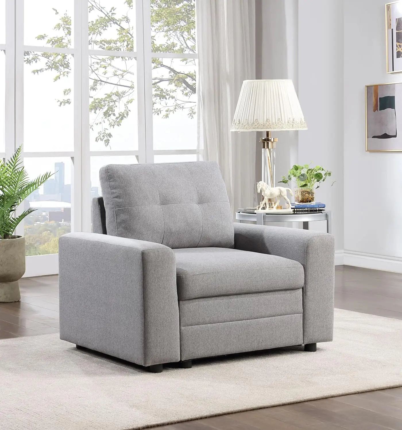 Leisure Space - Oceanside Chair (Gray), Modern Accent Single Sofa Chair with Fabric Upholstery and Tufted Cushion Living Room