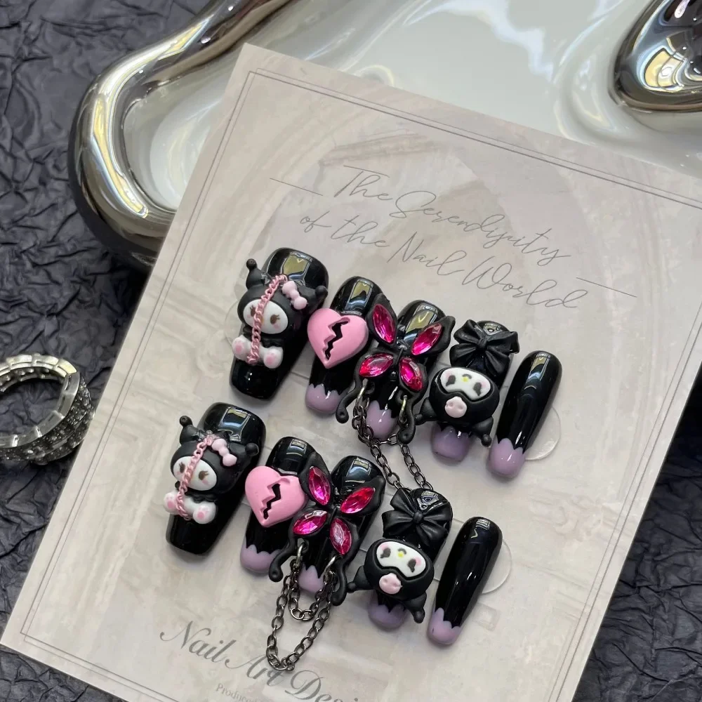 Uñas postizas de dibujos animados Sanrio Kuromi hechas a mano, accesorio dulce y fresco Y2k Hottie, uñas de presión, decoración de colegiala, festivales, regalo