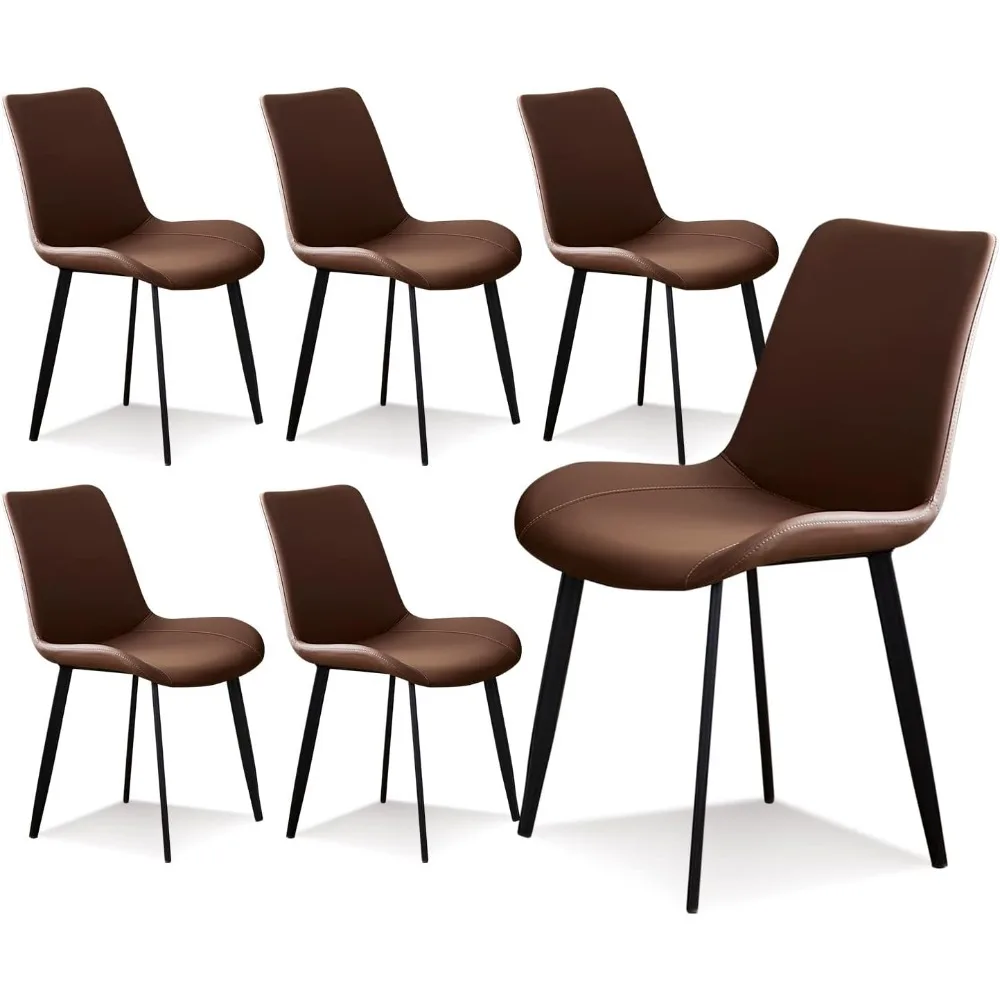 Dining Chairs, Modern Chairs Set of 6 Brown Chairs, Faux Leather Chairs with Metal Leg, Comfortable Kitchen Chairs for Dining