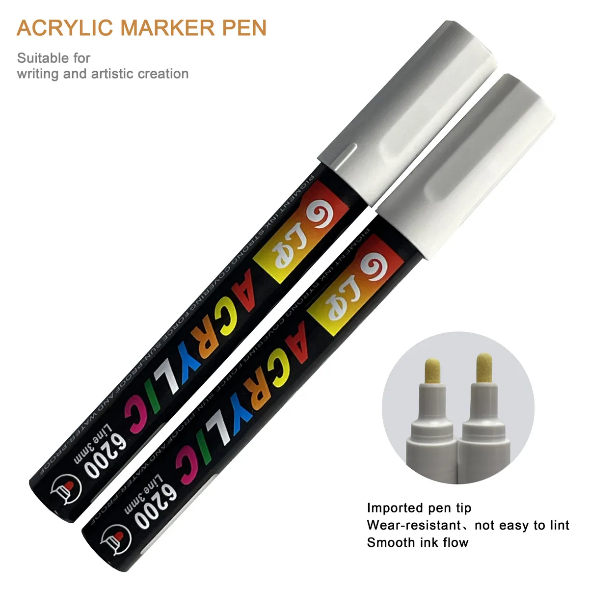 2pcs White Acrylic Graffiti Pens for Fabric, Canvas, Rock, Glass, Wood, Medium Tip, Ideal Art Supplies for Adults and Kids