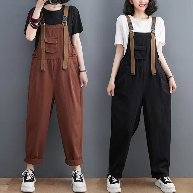 Spring Summer Streetwear Women's Jumpsuits Casual Loose Wide Leg Baggy Cargo Pants Straps Denim Overalls Brown Black Dungarees