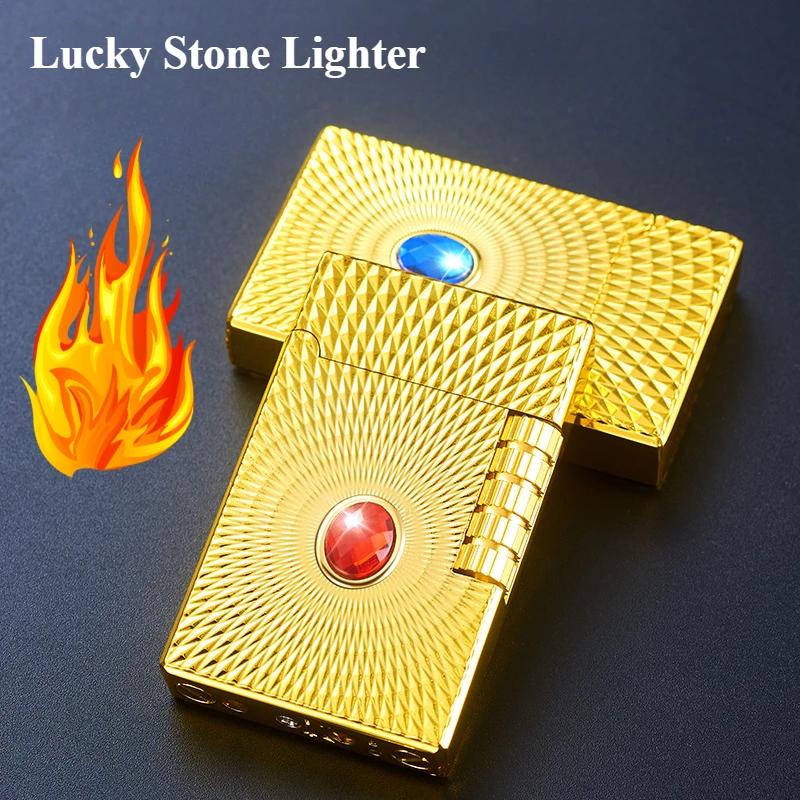 

New Metal Lucky Stone Portable Loud Steel Tone Inflatable Open Flame Lighter Side Sliding Oblique Fire Men's Gift Gadget