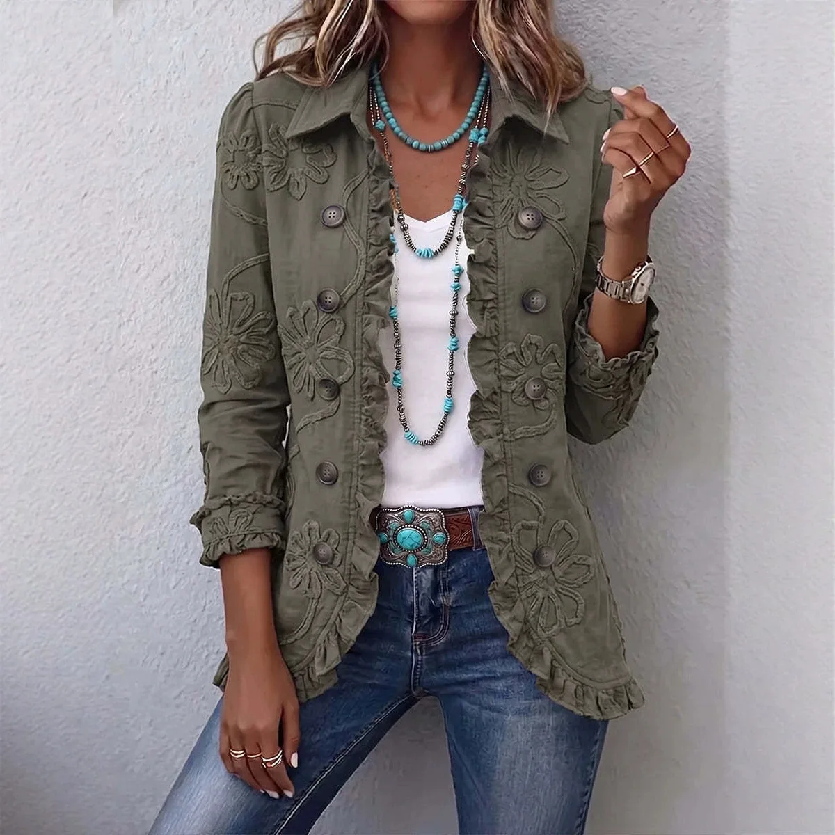 Bohemian Embroidered Cardigan. For Women, Autumn. Collection, With A Mandarin Necklace Ruffled Trim, Floral. Print, And Long Key