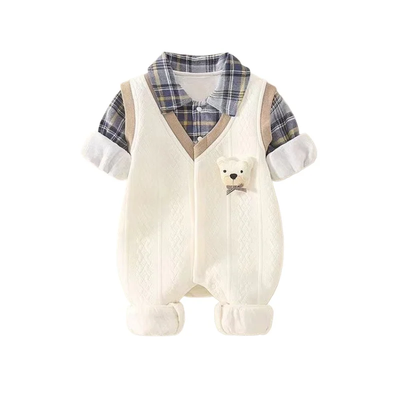 

Boy & Girls Soft Fake Two-Piece Romper Baby Cute 3D Bear Head Jumpsuit Christmas Stylish Plaid Shirt Collar Spring-Autumn Onesie