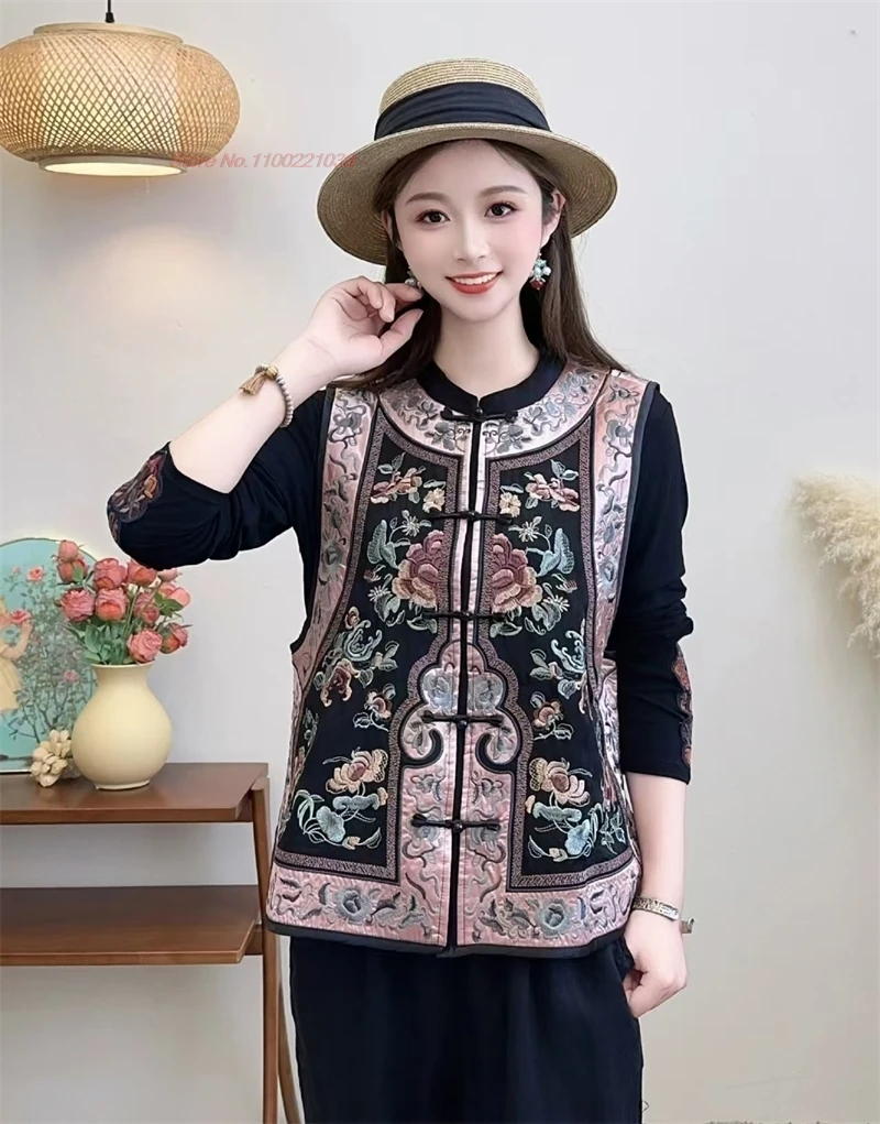 

2024 national flower embroidery ethnic vest vintage hanfu tops oriental satin jacquard stand collar folk vest sleeveless jacket