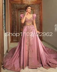 Rose Pink Keswa Tunisian Caftan Prom Occasion Dresses Puffy Sleeve Applique Lace Beaded  Stain Evening Gown Outfit