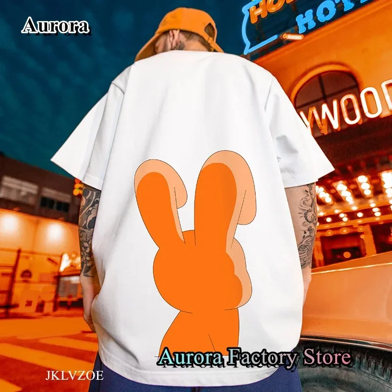 2024 New Summer Men Orange Rabbit Graphic T-Shirt Casual Tops Tees Male Fashion Clothing Short Sleeve Cotton Tshirt Solid
