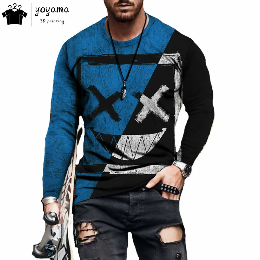 Funny Pattern Print T-shirts for Men Casual O-Neck Long Sleeve T-shirt Harajuku Street Tops Fashion Casual Men's Long Sleeves